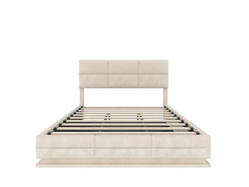 Lit coffre adulte 180x200 cm avec éclairage led et ports usb type-c, en velours beige, sans matelas  - Conforama R