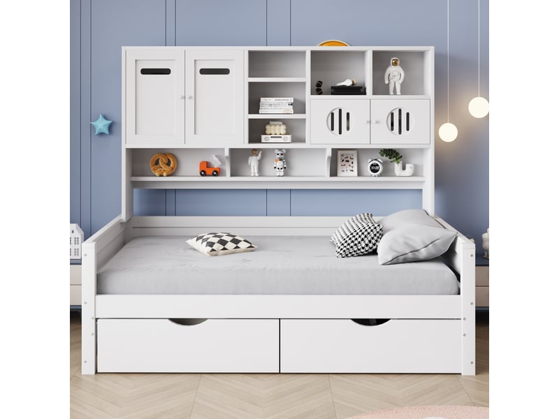  Lit coffre 90x200 cm avec rangements, 2 tiroirs, pin blanc, sans matelas  - Conforama W