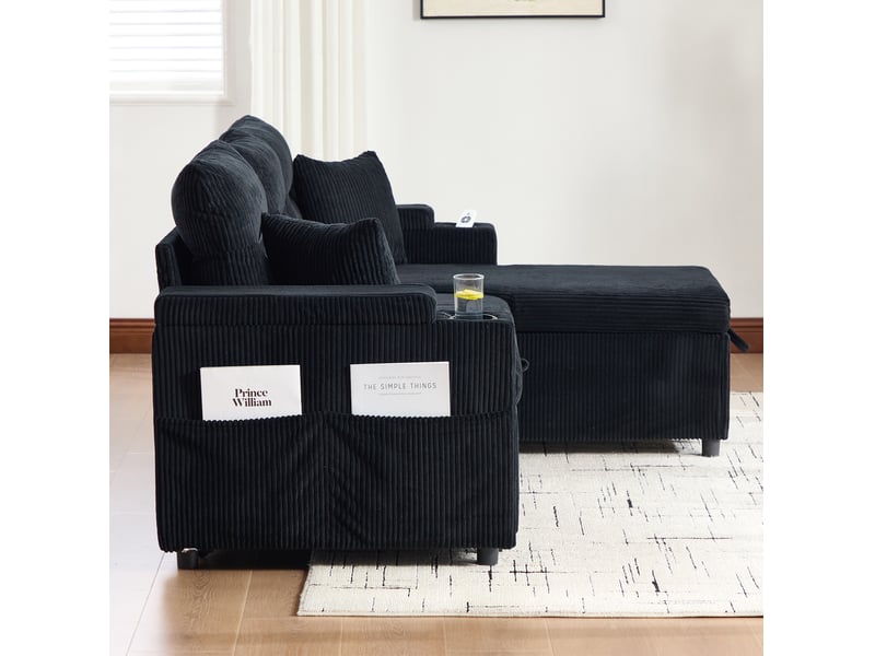  Canapé d'angle convertible 3 places avec coffre, lit tiroir, ports usb-c et porte-gobelets en velours côtelé noir  - Conforama E