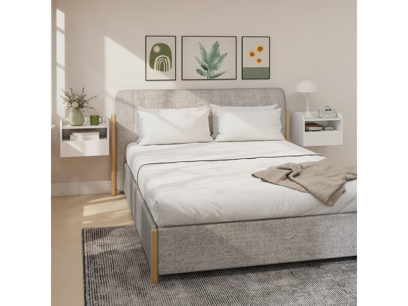  Ensemble de 2 tables de chevet suspendues avec station de charge, tiroir et étagère ouverte, 40 x 29 x 29 cm, blanches  - Conforama C