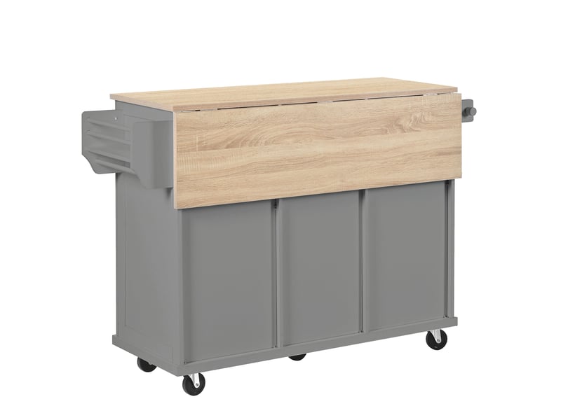  Îlot de cuisine mobile extensible 112x46,2-76,2x92,7 cm roulettes, portes, tiroirs, compartiment poubelle, en mdf, gris+naturel  - Conforama A