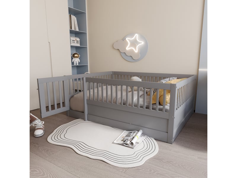  Lit enfant 140 × 200 cm avec barrière de 60 cm et porte, sans matelas, en bois massif, gris  - Conforama C