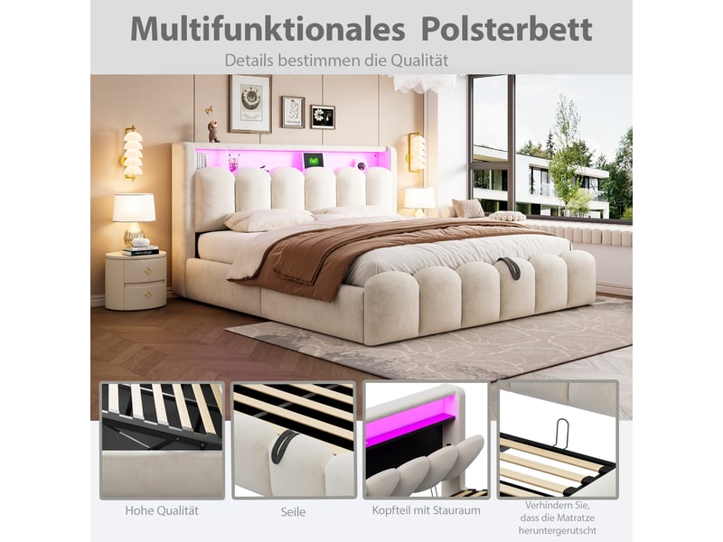  Lit double rembourré 180x200 cm avec éclairage led et ports usb, cadre de lit adulte avec tête de lit en velours, beige, 2 places  - Conforama W