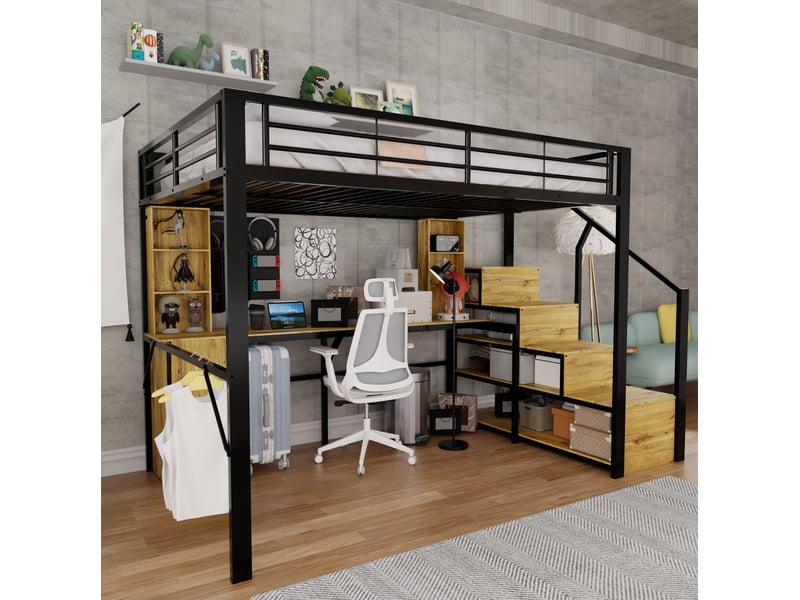 Lit mezzanine 140 × 200 cm avec bureau, armoire, rangements et escalier, prise usb, métal et bois noir pour chambre - Conforama E