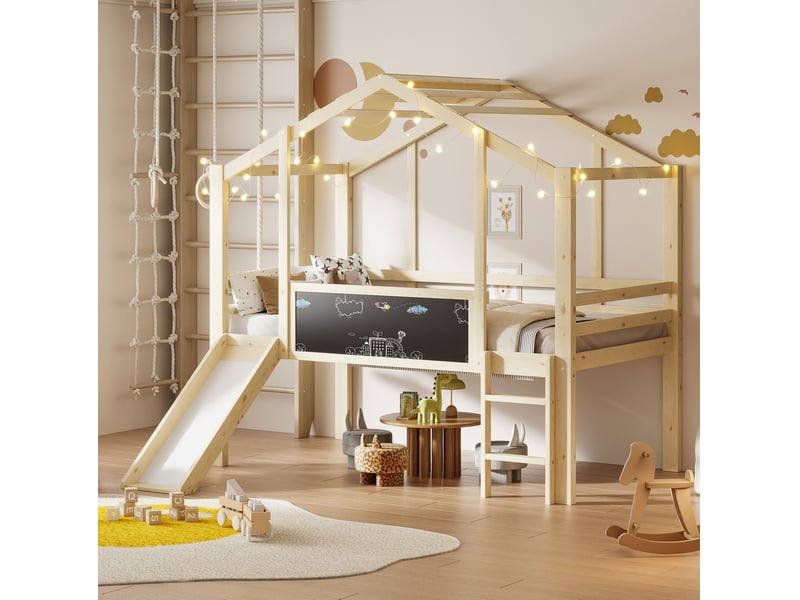  Lit mezzanine enfant 90 x 200 cm avec toboggan, échelle, tableau et toit bois naturel  - Conforama B