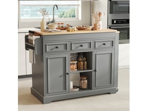 Îlot de cuisine mobile avec plateau extensible, rangement à épices et 3 tiroirs, gris