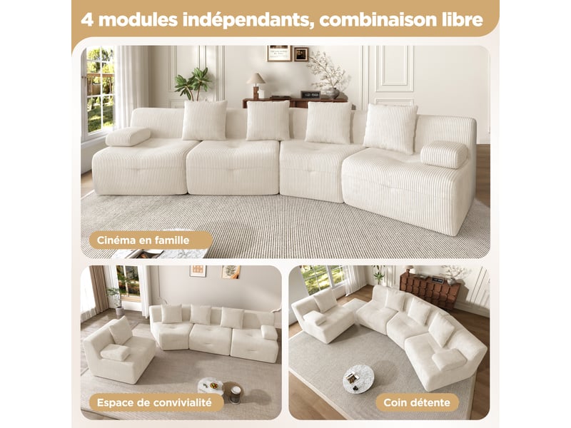  Canapé modulable 4 places en velours côtelé beige clair, sans montage, charge 400 kg, design moderne pour salon, 311x90x65cm  - Conforama D