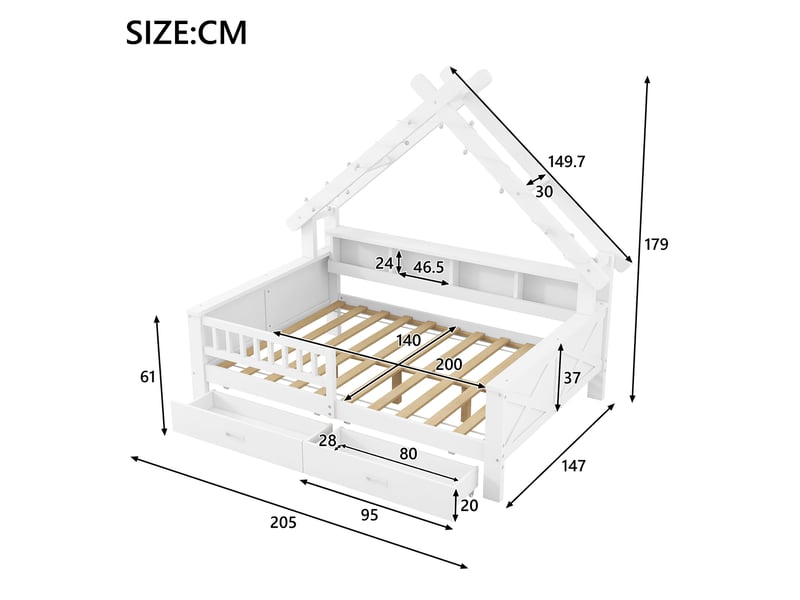  Lit enfant maison, 140x200 cm, cadre, rangements, lit 2 place avec led, matelas non inclus, mdf et bois, coloris blanc  - Conforama C