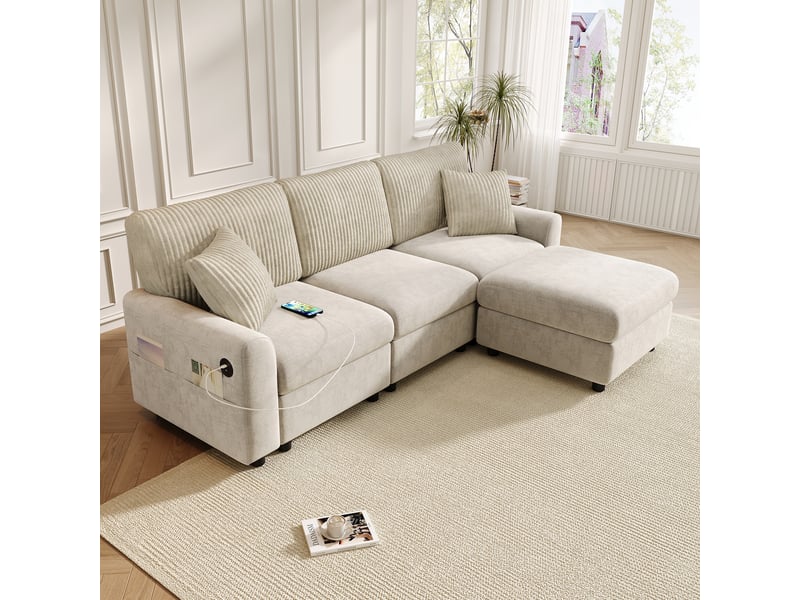 Canapé beige avec pouf, 2 coussins carrés et ports usb-c, canapé en chenille et velours côtelé de 223 cm pour salon - Conforama W
