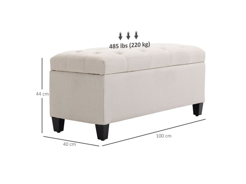  Banc coffre tcqpz blanc crème 100 x 40 x 44 cm en polyester aspect lin pieds en bois d’hévéa  - Conforama C