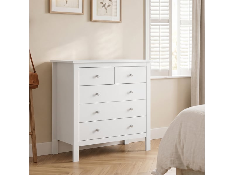  Commode à 5 tiroirs, meuble de rangement, avec poignées, glissières métalliques,  en bois, 79l x 39,5p x 80,5h cm, blanc  - Conforama A