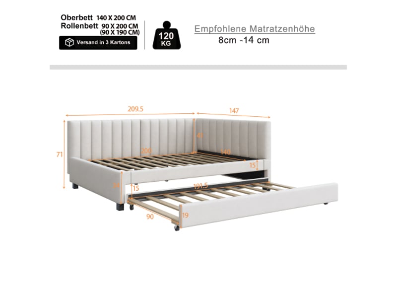  Lit gigogne 140x200, avec sommier extractible et avec lattes, en tissu, beige, sans matelas  - Conforama D
