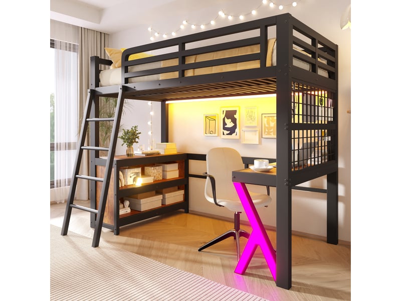 Lit mezzanine 90x200 cm, bureau, bandeau led, armoire de rangement, sans matelas, noir - Conforama B