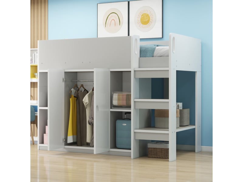  Lit mezzanine gris 90x200 cm avec armoire et étagères – rangements intégrés  - Conforama E