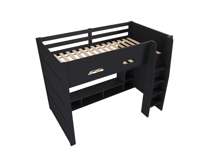  Lit mezzanine, 90x200 cm, avec plusieurs espaces de rangement et éclairage led, cadre en bois, noir  - Conforama E