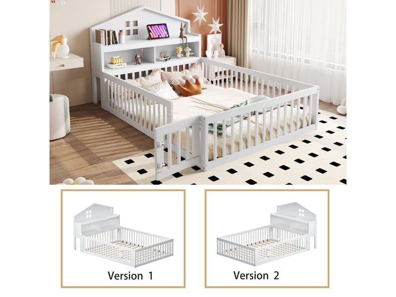  Lit enfant 140x200 cm avec étagère, tableau noir, garde-corps et sommier, forme de maison, bois blanc, sans matelas  - Conforama D