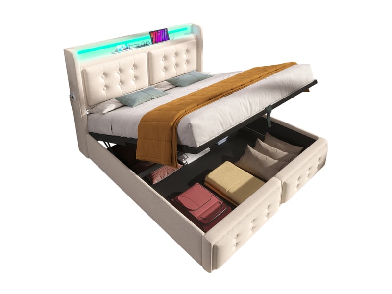  Lit coffre 140 x 200 cm beige avec matelas, led et recharge usb-c  - Conforama A
