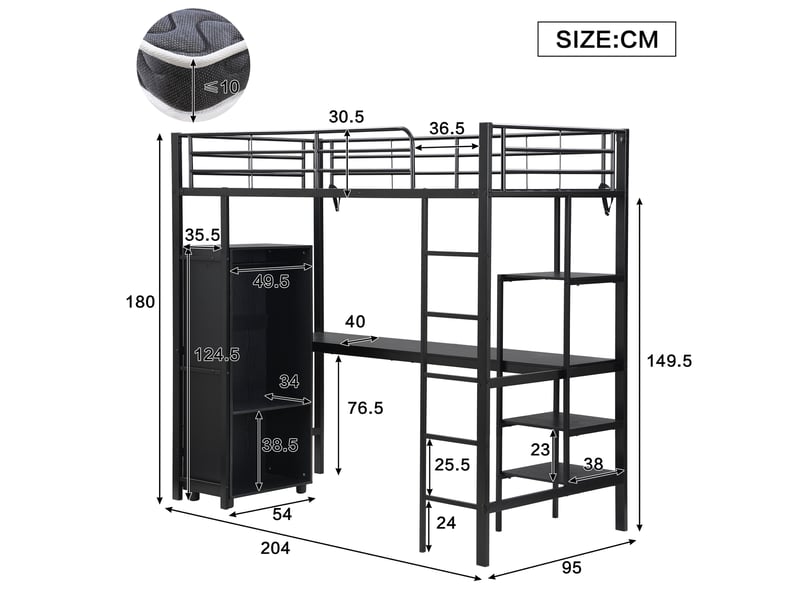  Lit mezzanine enfant simple 90×200 cm bureau, armoire et étagères  - sans matelas métal et mdf noir  - Conforama D