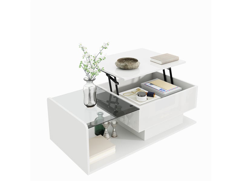  Table basse, à plateau relevable, avec éclairage led, avec rangement intégré, 100 x 50 x h 33–47,5 cm, blanc, plateau en verre trempé, style moderne Luxe haut de gamme - Conforama A