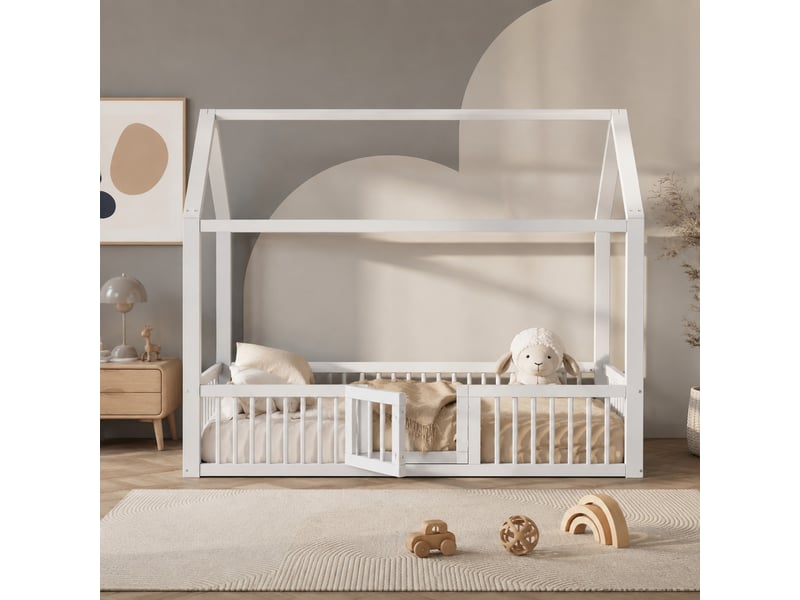  Lit cabane enfant 200×90 cm avec barrières de protection et portillon, en pin et mdf blanc  - Conforama B