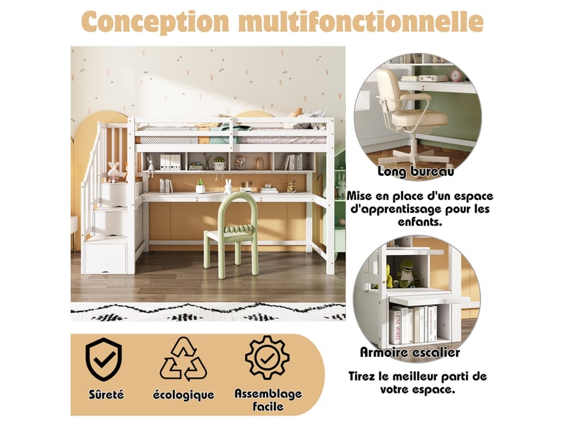  Lit mezzanine enfant 90 × 200 cm 1 place avec escalier de rangement, bureau et étagères, sans matelas, blanc  - Conforama E