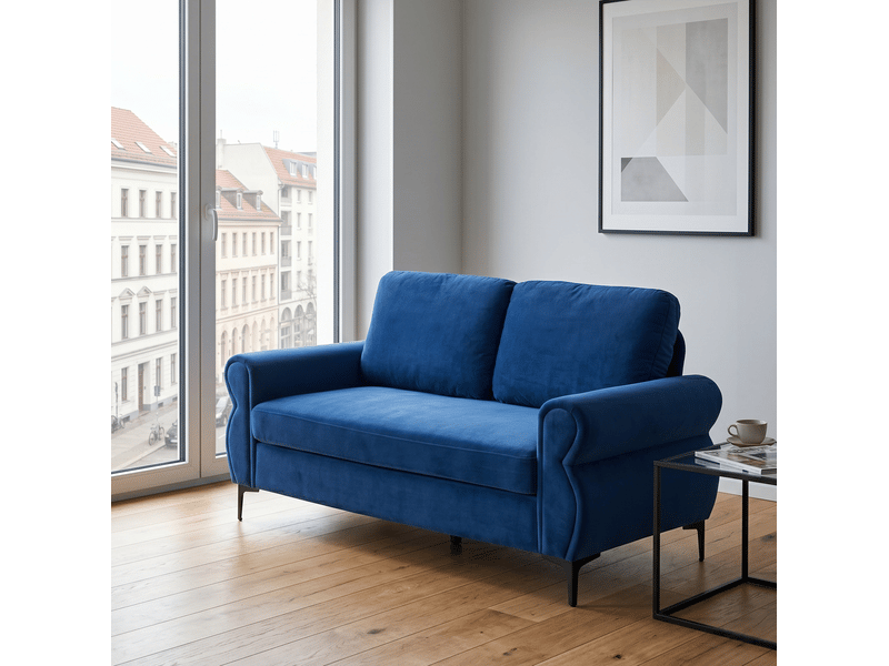 Canapé droit 2 places en tissu bleu 173,5 cm, assise souple et housses amovibles pour petit salon moderne - Conforama E