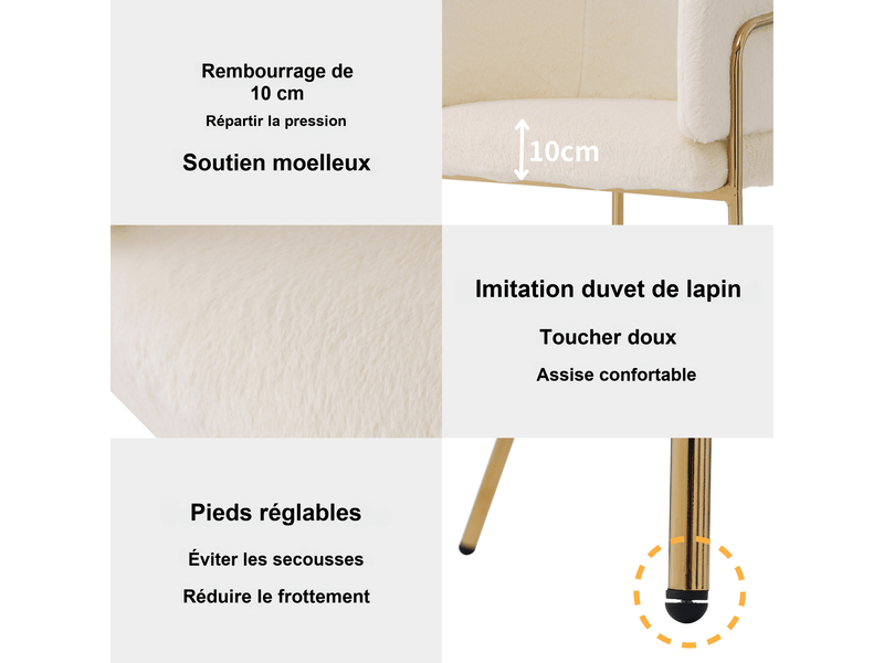  Lot de 4 chaises avec accoudoirs en fausse fourrure blanche, pieds métal doré, style chic précieux, salle à manger et chambre  - Conforama D