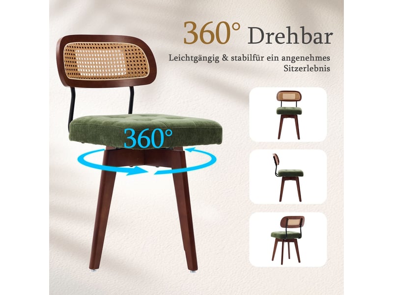 Chaise de cuisine 2 pièces rotation à 360° dossier tressé siège rembourré style mid-century moderne revêtement chenille coloris vert - Conforama E
