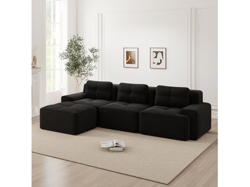 Canapé d'angle ulevr modulable 3 places avec ottomane, sans montage, velours côtelé noir, 293 x 177 x 69 cm  - Conforama E