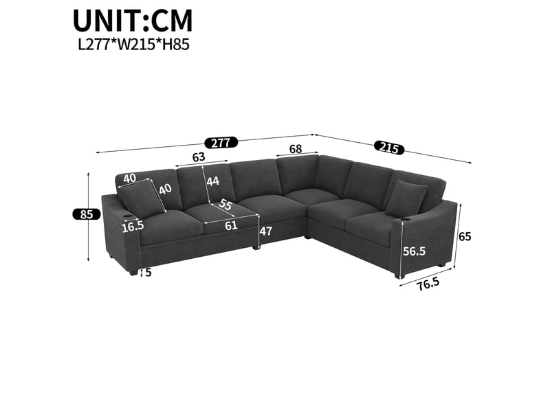  Canapé d'angle l 277x215x85cm - 6 places - usbtype-c + porte-gobelets + modulable - velours côtelé - gris  - Conforama D