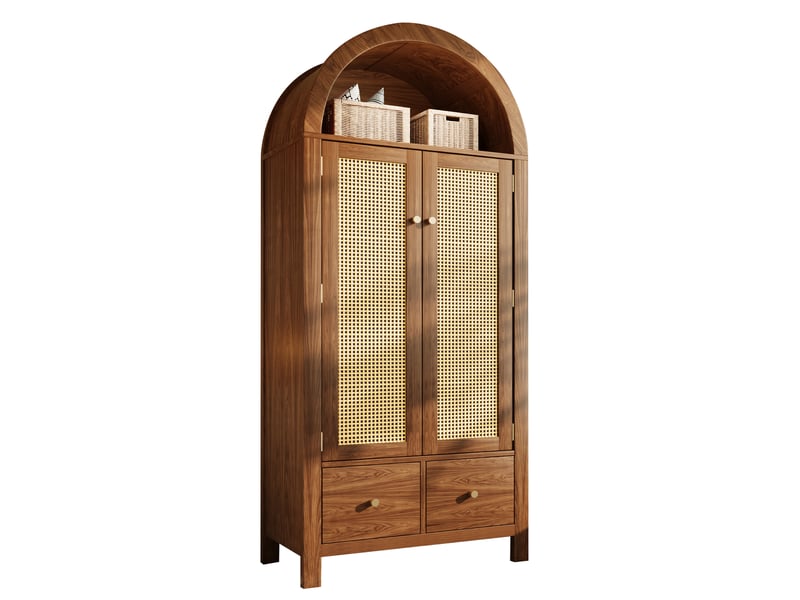  Armoire penderie 181x78x45 cm avec 2 portes en rotin, armoire de chambre avec fermeture magnétique, 2 tiroirs, tringle et niche arrondie, effet noyer Seren Glow - Conforama A