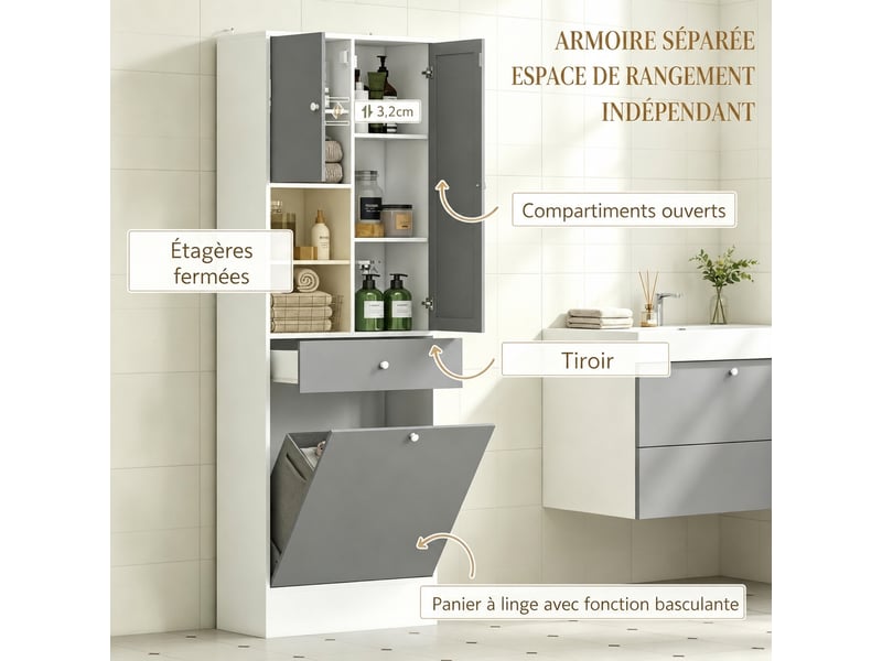  Armoire de salle de bain avec miroir et panier à linge, blanc et gris, 62 x 28,3 x 181 cm  - Conforama E