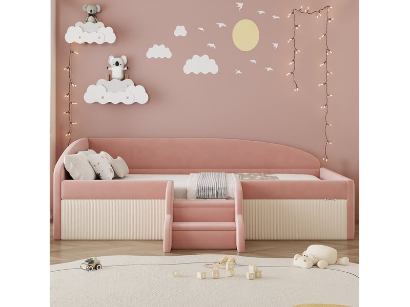  Lit enfant 90 x 190 cm avec marches et barrières, velours rose et blanc crème  - Conforama D