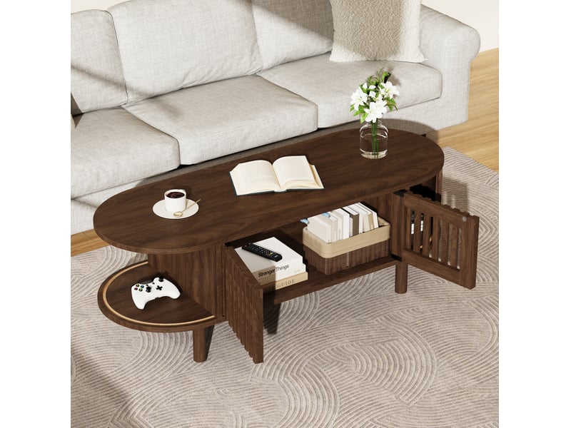  Table basse forme ovale 100x40x38 cm avec rangement en mdf et bois couleur marron, design simple  - Conforama D
