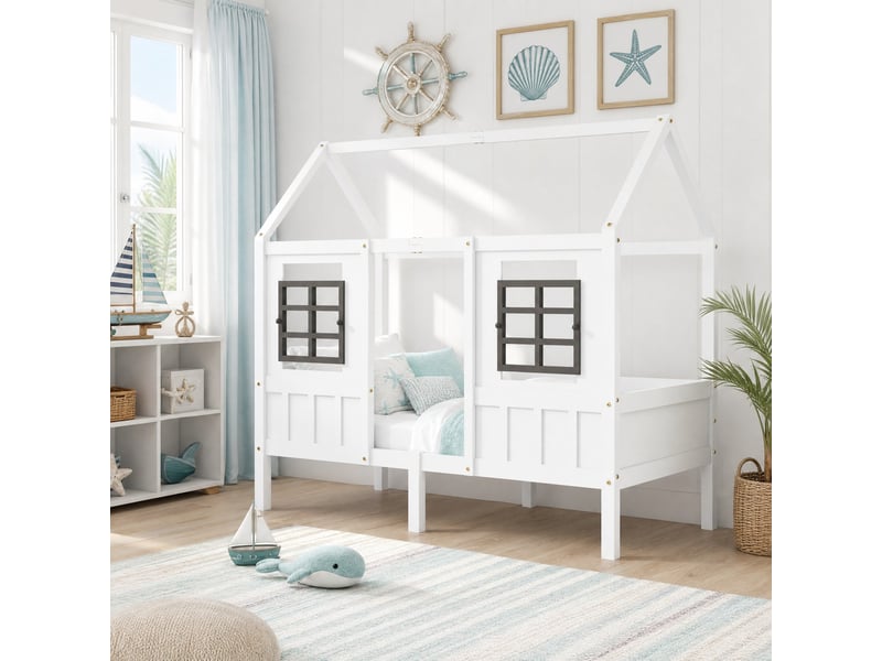  Lit cabane enfant 90x200 cm – blanc – 2 fenêtres grises et 2 tiroirs à roulettes - sans matelas  - Conforama B