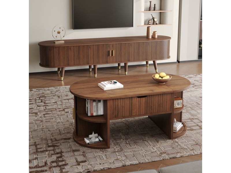 Ensemble de meubles de salon 2 pièces – table basse relevable + meuble tv – portes coulissantes – stries verticales – aspect bois  - Conforama D