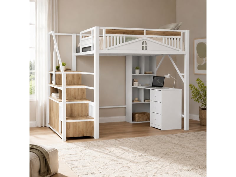  Lit mezzanine tcqpz 140 x 200 cm en métal blanc avec fenêtre, escalier avec rangements, bois et mdf  - Conforama B