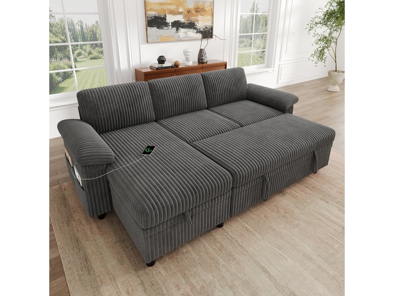  Canapé d'angle convertible 3 places en velours côtelé gris, 214 x 138,5 x 89 cm, angle réversible, avec rangement, poches latérales, dossier réglable CARDUME ESTIVAL - Conforama D