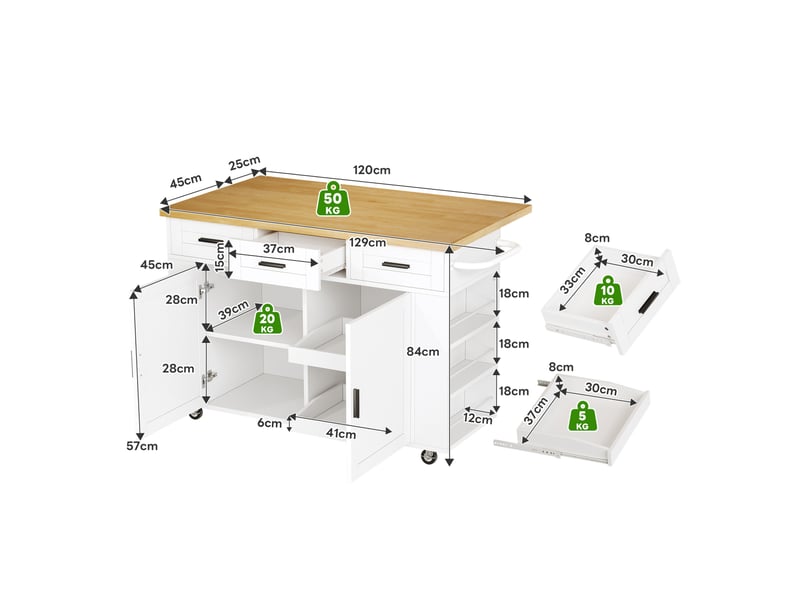  Desserte de cuisine 120 x 45-70 x 84 cm avec plateau rabattable, prises usb, rangements, tiroirs et roulettes  - Conforama C