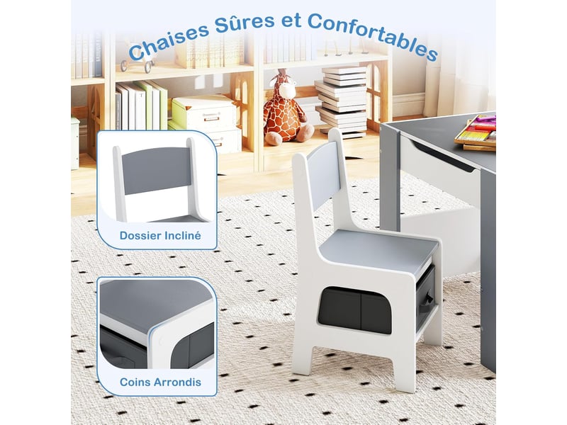 Costway 4 en 1 table enfant avec 2 chaises en tissu et bibliothèques, plateaux réversibles double face (gris)  - Conforama C