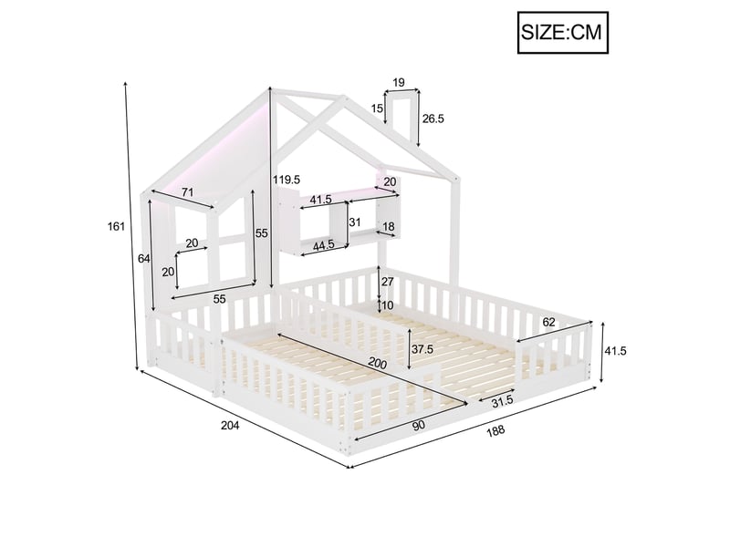 Lit cabane enfant 2 x 90x200 cm – blanc – led, étagères, barrières et sommiers à lattes - sans matelas - Conforama C