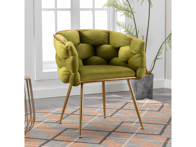  Fauteuil de salon en velours rembourré avec accoudoirs, dossier mi-haut et pieds métalliques dorés olive  - Conforama B