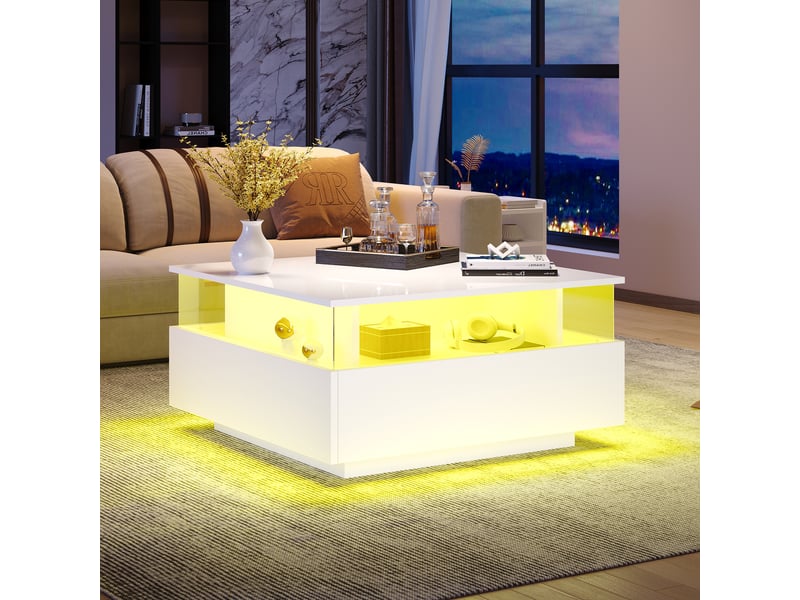  Table basse blanche brillante carrée 70x70 cm avec éclairage led et 2 tiroirs - design moderne  - Conforama D
