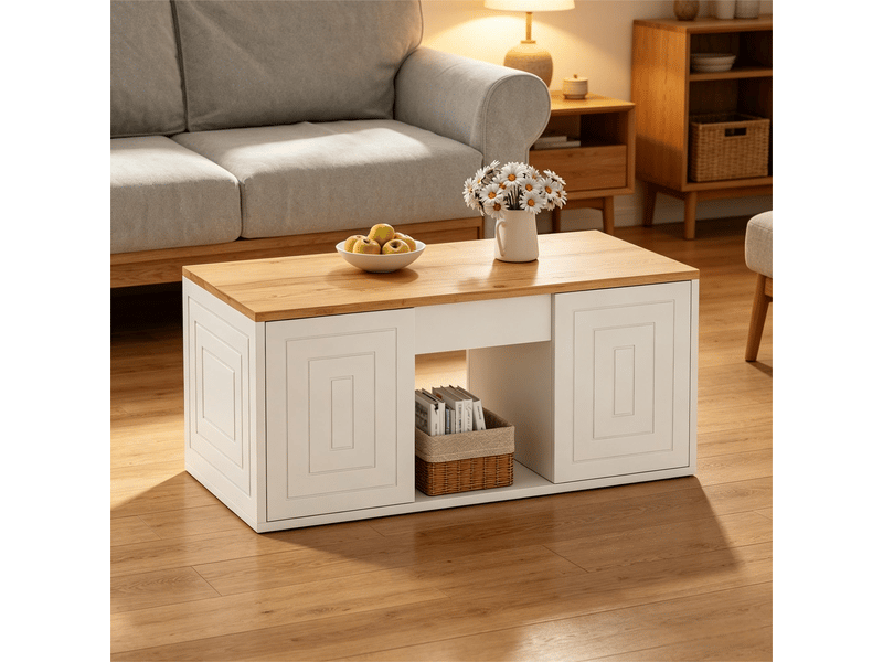  Table basse relevable bois et blanc 95 cm, table de salon rectangulaire avec rangement, style minimaliste  - Conforama B