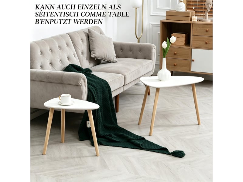  Tables basses gigognes avec 2 plateaux triangulaires modulables, style scandinave, en mdf et pin, blanc et naturel  - Conforama E