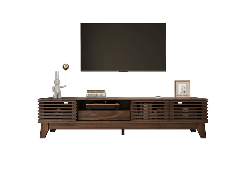  Meuble tv noyer 150 cm en mdf avec portes à persiennes et tiroir  - Conforama A