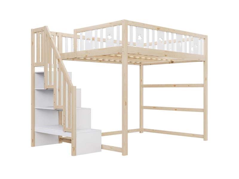  Lit mezzanine enfant 140x200 cm – blanc et bois naturel – escalier avec rangement – sans matelas  - Conforama E