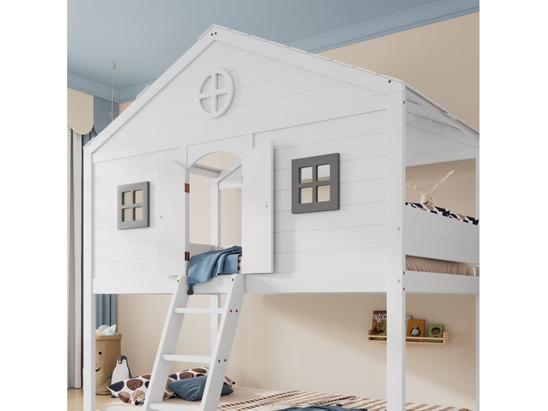  Lit mezzanine enfant 90x200 cm – blanc et gris – forme maison, escalier et barrières - sans matelas  - Conforama E