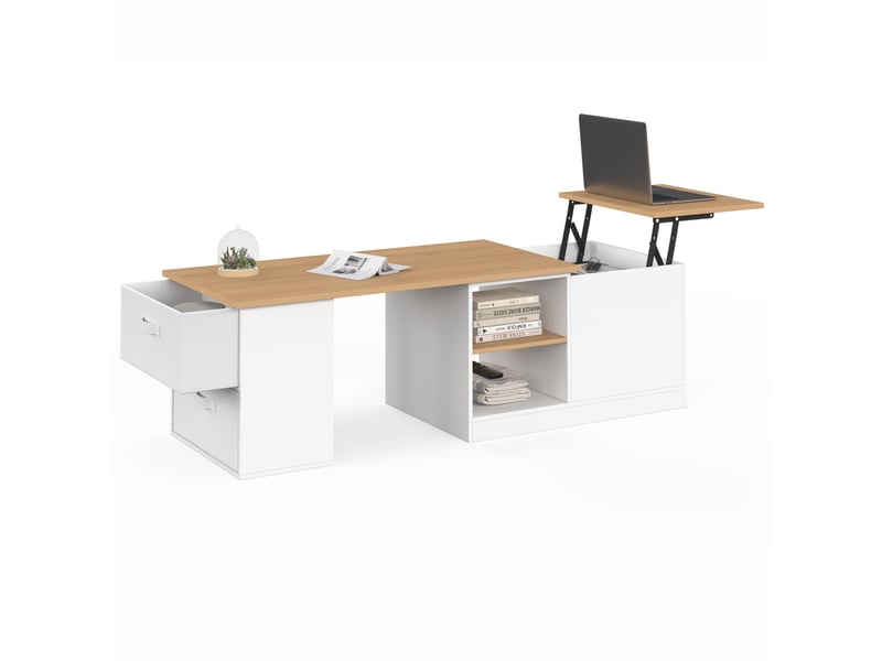 Table basse plateau relevable et extensible rectangulaire ilona 100-140 cm avec 2 tiroirs, coffre et étagère blanc et bois  - Conforama A