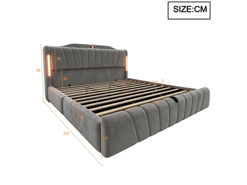  Lit coffre 180x200cm avec rangement hydraulique, tête de lit led connectée, ports usb et type-c, veilleuse et pied de lit surélevé, velours, gris evarich - Conforama C